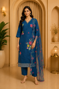 Teal Blue Floral Embroidered 3-Piece Ethnic Suit Set with Dupatta – Roman Skill