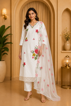 White Floral Embroidered 3-Piece Ethnic Suit Set with Dupatta – Roman Skill