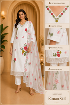 White Floral Embroidered 3-Piece Ethnic Suit Set with Dupatta – Roman Skill