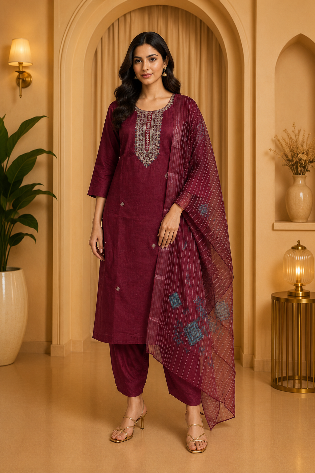 Maroon Embroidered 3-Piece Ethnic Suit Set with Dupatta | Vertican Fabric