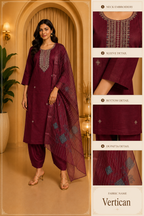 Maroon Embroidered 3-Piece Ethnic Suit Set with Dupatta | Vertican Fabric