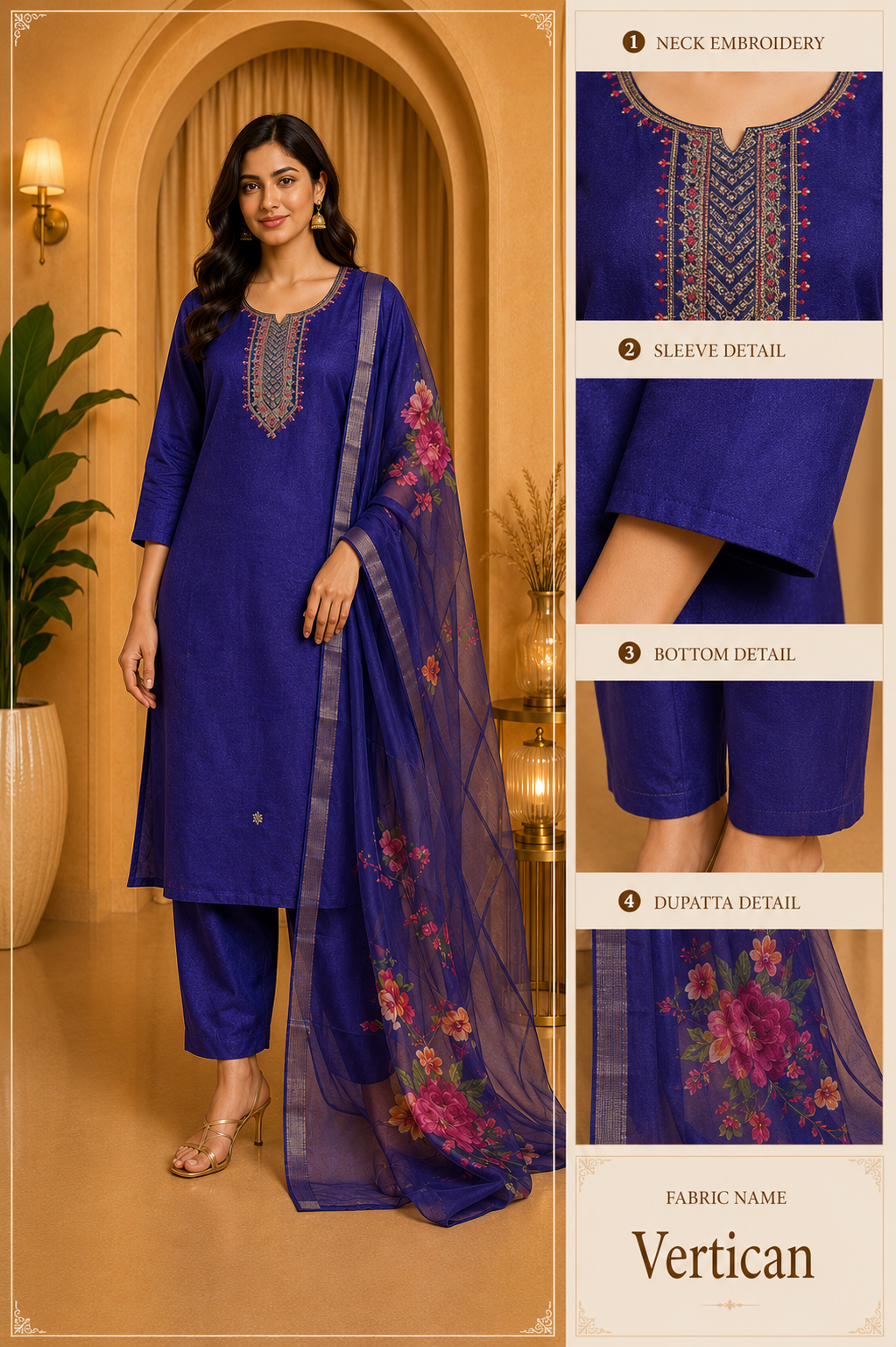 Royal Blue Embroidered 3-Piece Ethnic Suit Set with Floral Dupatta | Vertican Fabric