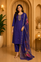 Royal Blue Embroidered 3-Piece Ethnic Suit Set with Floral Dupatta | Vertican Fabric