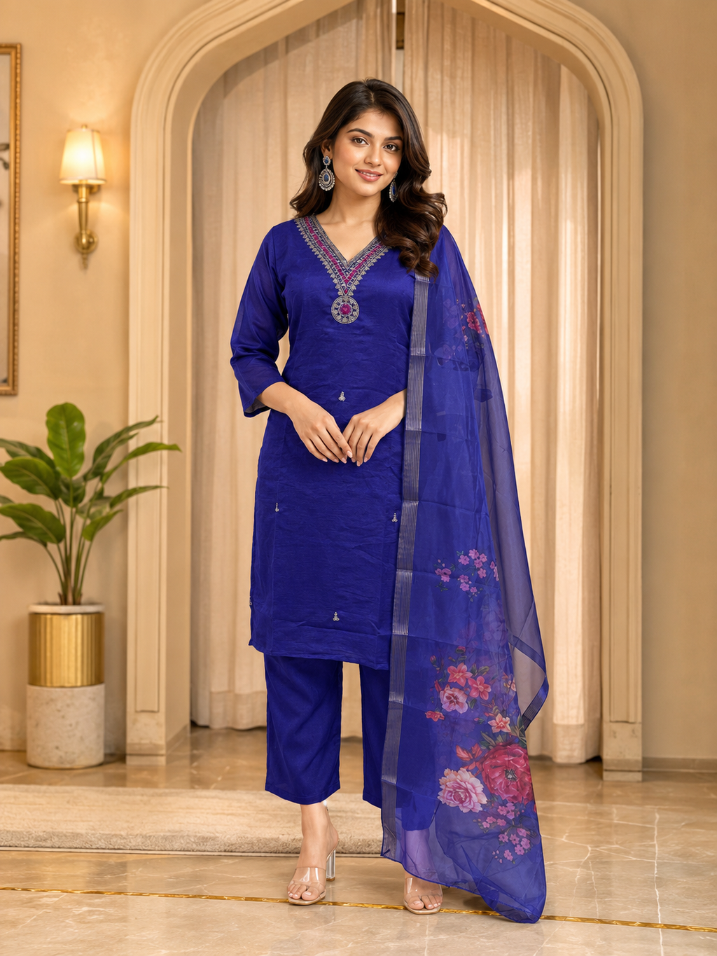 Royal Blue Vertican 3-Piece Ethnic Suit Set with Embellished V-Neck &amp; Printed Dupatta