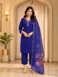 Royal Blue Vertican 3-Piece Ethnic Suit Set with Embellished V-Neck &amp; Printed Dupatta