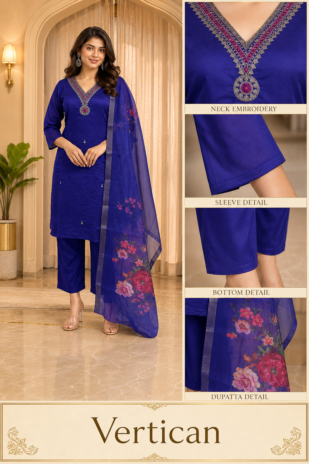Royal Blue Vertican 3-Piece Ethnic Suit Set with Embellished V-Neck &amp; Printed Dupatta