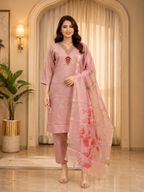 Blush Pink Vertican 3-Piece Ethnic Suit Set with Embellished V-Neck &amp; Floral Dupatta