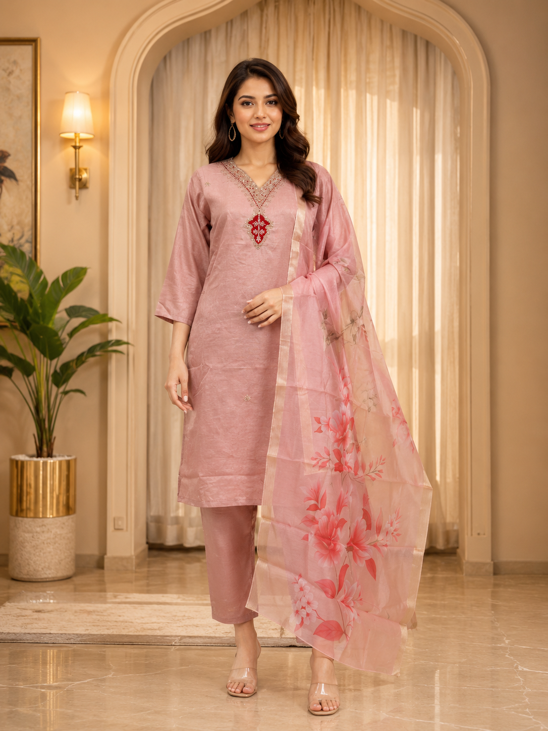 Blush Pink Vertican 3-Piece Ethnic Suit Set with Embellished V-Neck &amp; Floral Dupatta