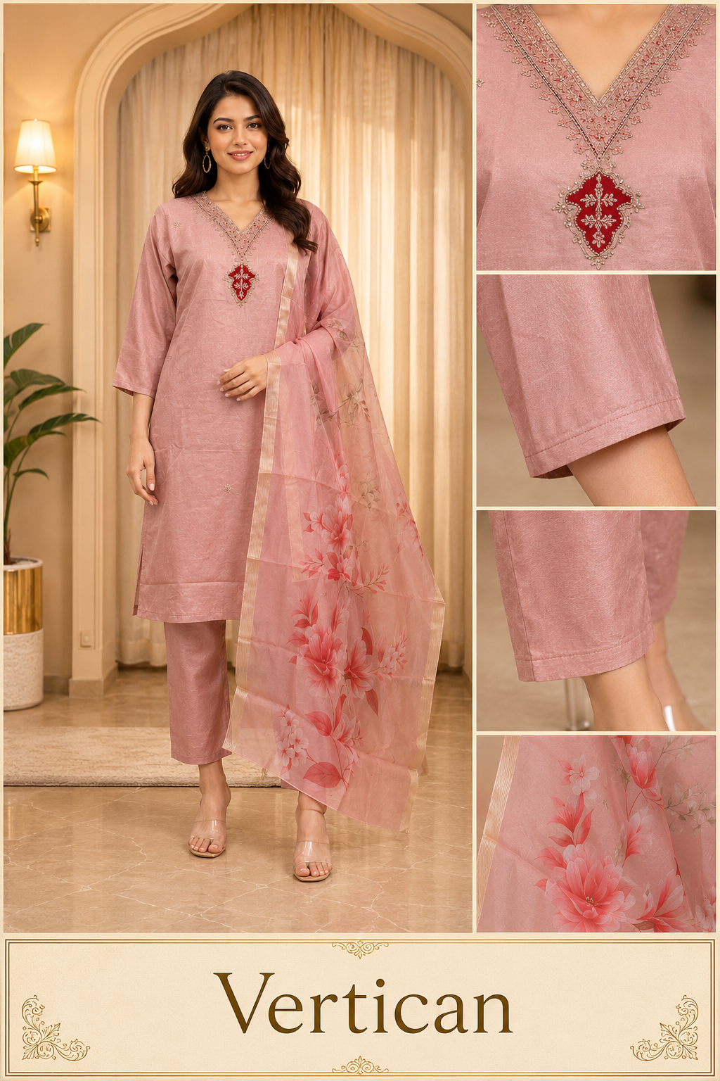 Blush Pink Vertican 3-Piece Ethnic Suit Set with Embellished V-Neck &amp; Floral Dupatta