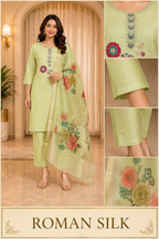 Pastel Green ROMAN SILK 3-Piece Ethnic Suit Set with Embroidered Neckline &amp; Floral Printed Dupatta