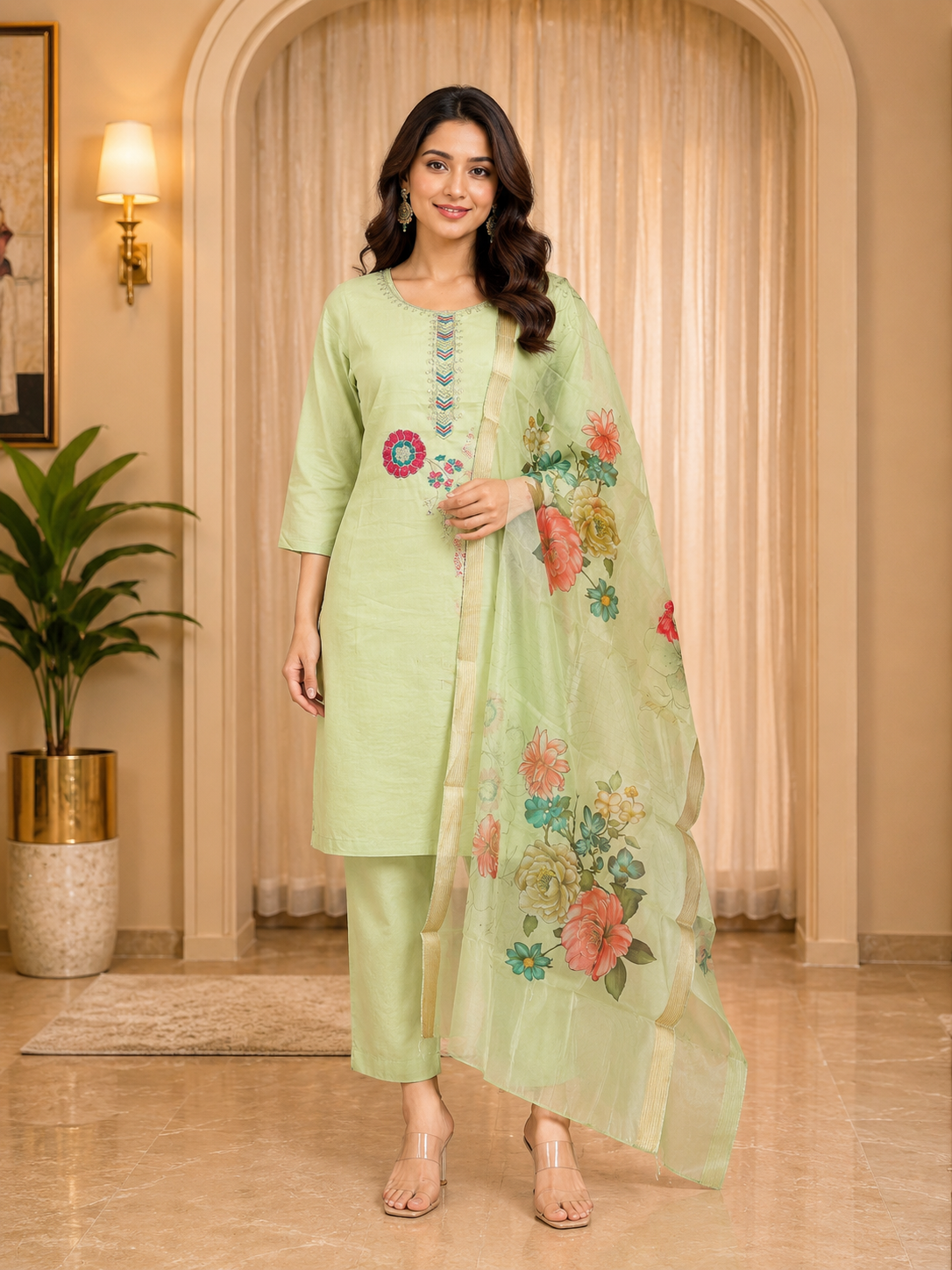 Pastel Green ROMAN SILK 3-Piece Ethnic Suit Set with Embroidered Neckline &amp; Floral Printed Dupatta