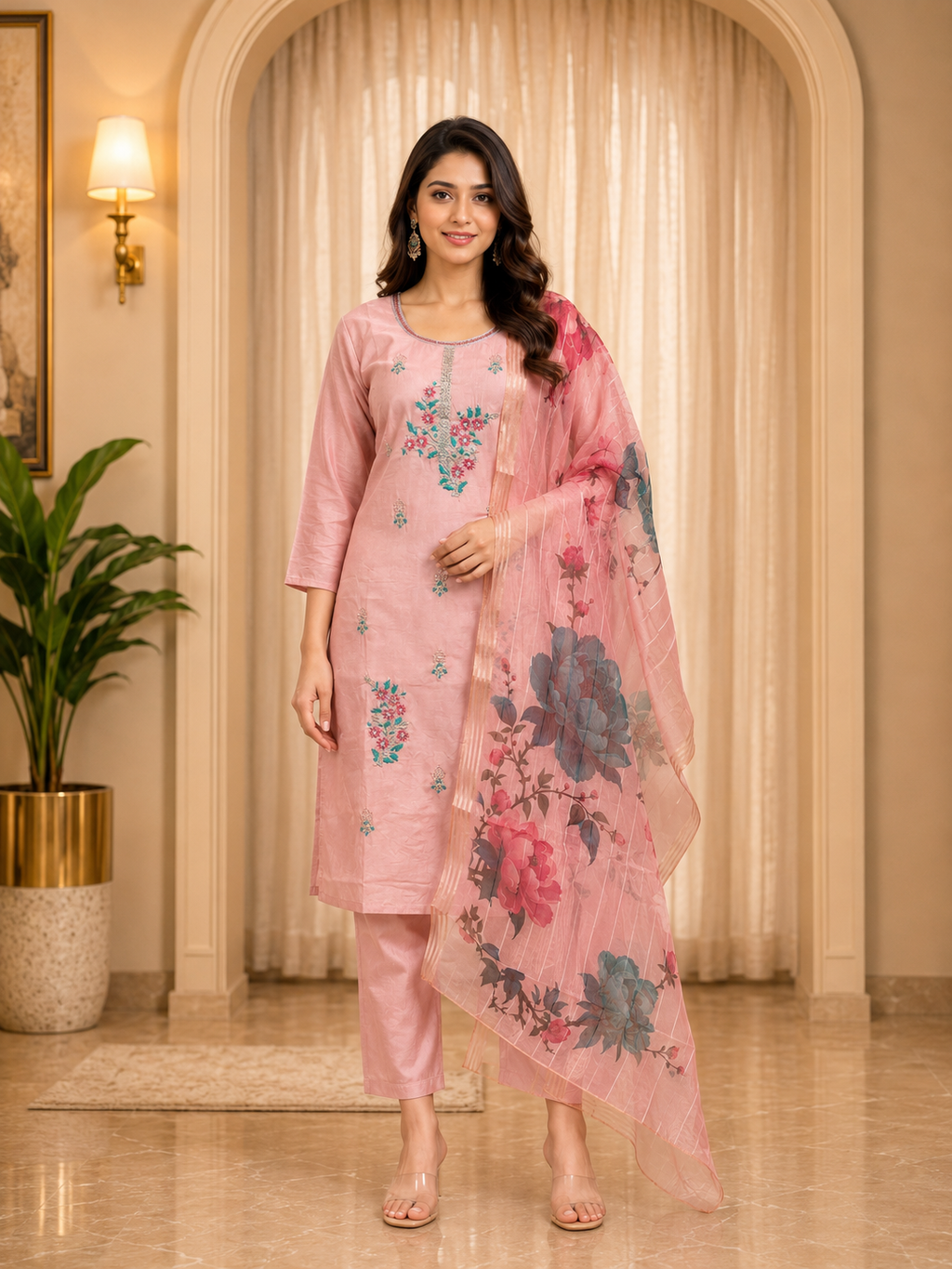 Blush Pink ROMAN SILK 3-Piece Ethnic Suit Set with Embroidered Kurti &amp; Floral Printed Dupatta
