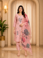 Blush Pink ROMAN SILK 3-Piece Ethnic Suit Set with Embroidered Kurti &amp; Floral Printed Dupatta
