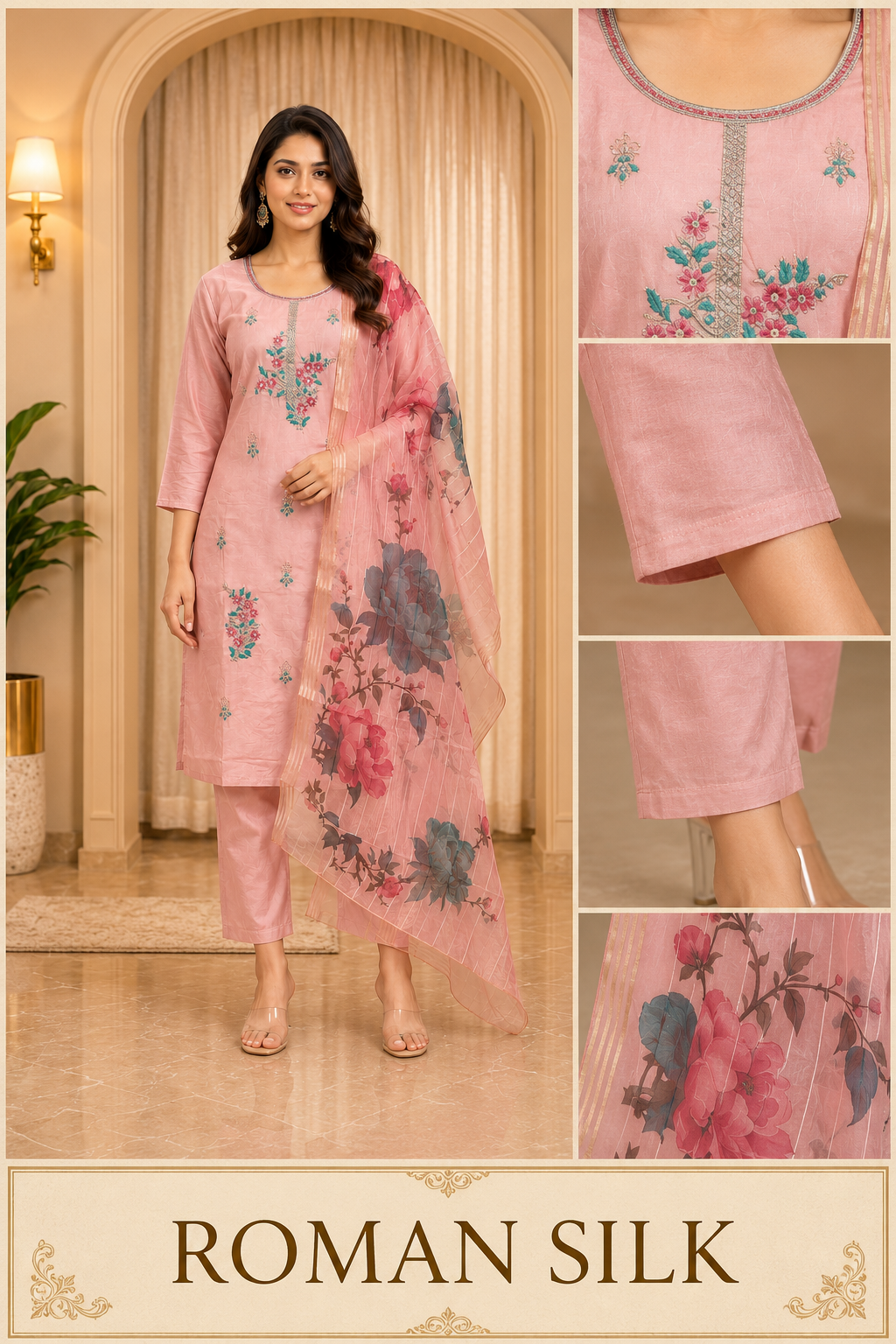 Blush Pink ROMAN SILK 3-Piece Ethnic Suit Set with Embroidered Kurti &amp; Floral Printed Dupatta