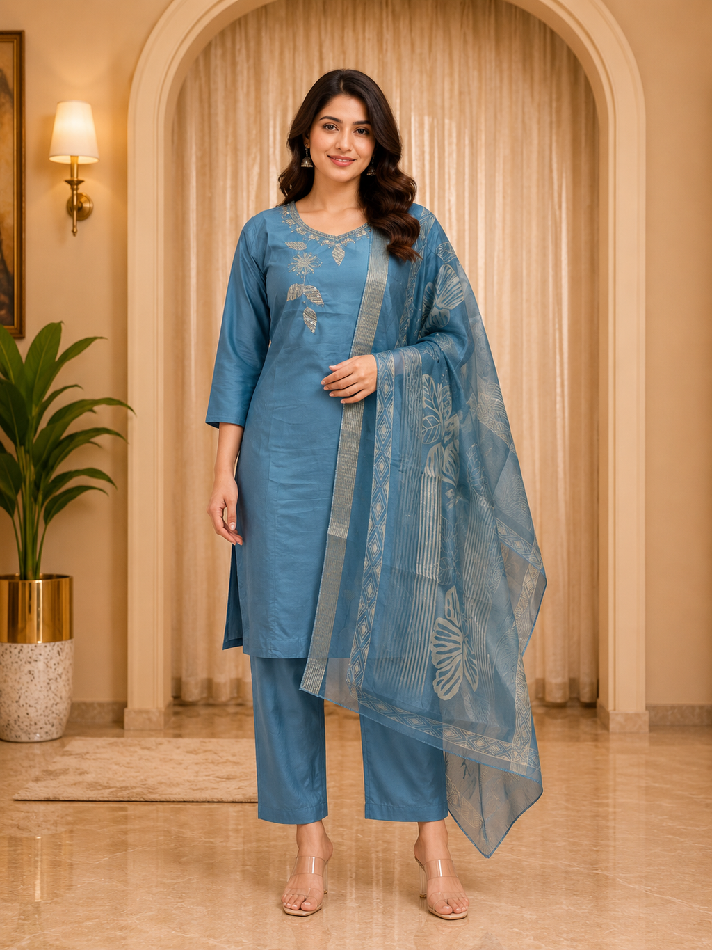 Steel Blue ROMAN SILK 3-Piece Ethnic Suit Set with Embroidered Kurti &amp; Woven Dupatta