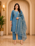 Steel Blue ROMAN SILK 3-Piece Ethnic Suit Set with Embroidered Kurti &amp; Woven Dupatta