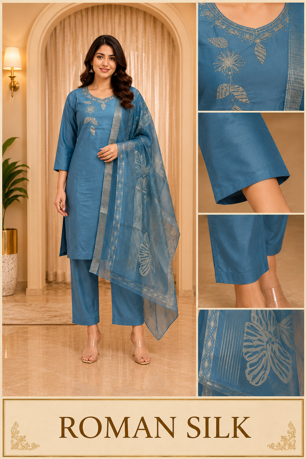 Steel Blue ROMAN SILK 3-Piece Ethnic Suit Set with Embroidered Kurti &amp; Woven Dupatta
