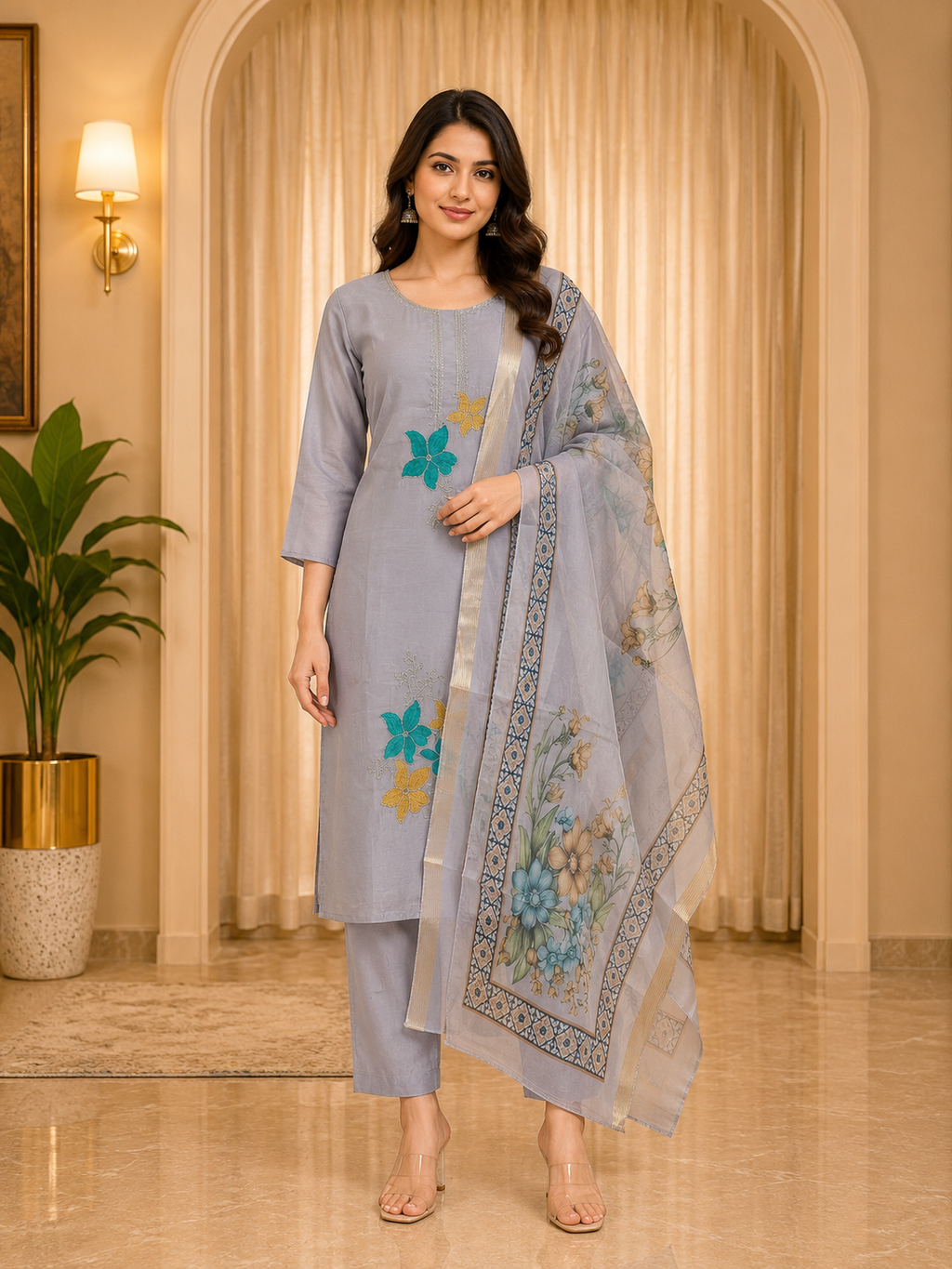 ROMAN SILK Light Grey 3-Piece Embroidered Ethnic Suit Set with Printed Dupatta
