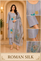 ROMAN SILK Light Grey 3-Piece Embroidered Ethnic Suit Set with Printed Dupatta