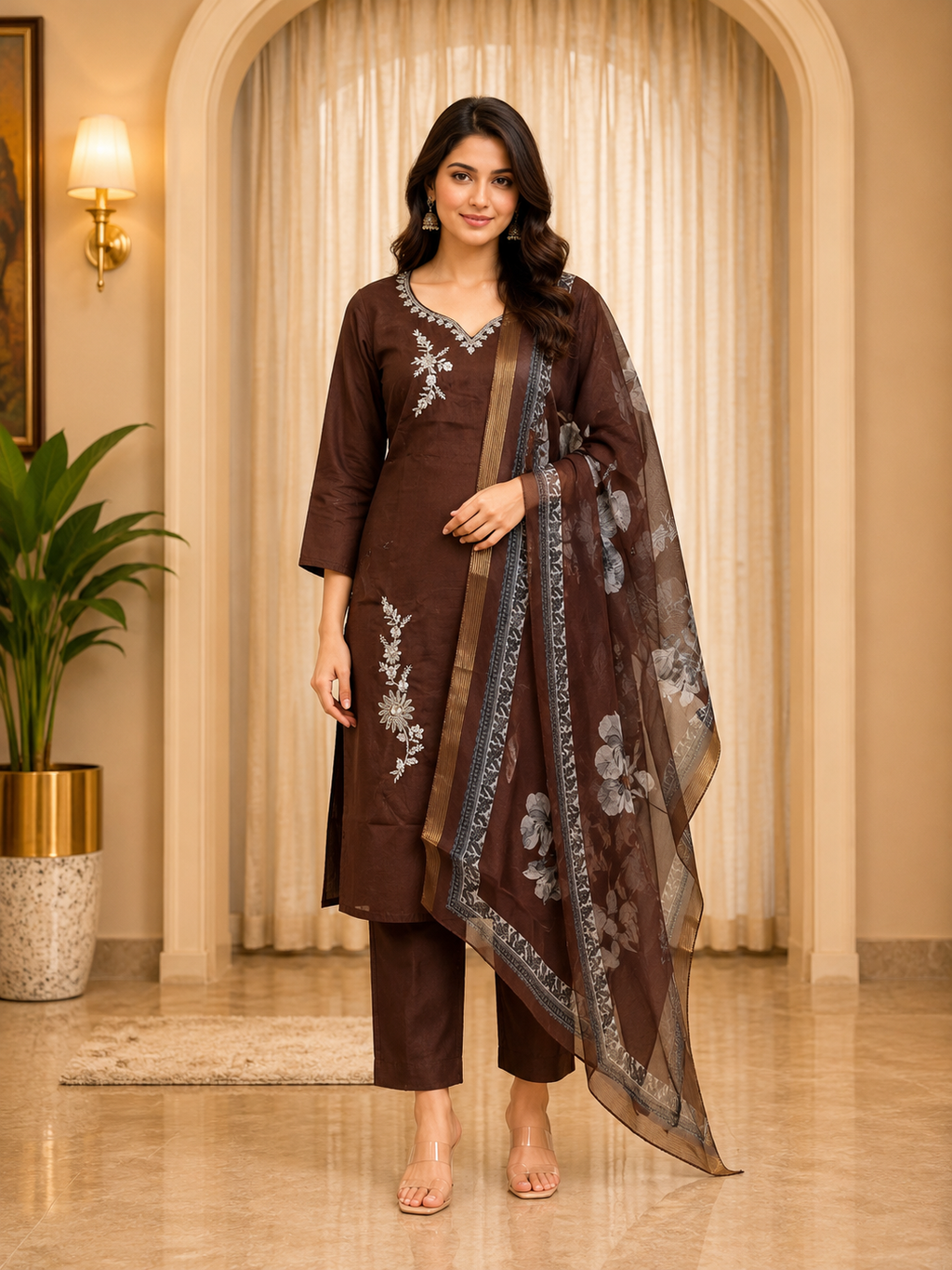 Dark Brown ROMAN SILK Embroidered Ethnic Suit Set with Printed Dupatta