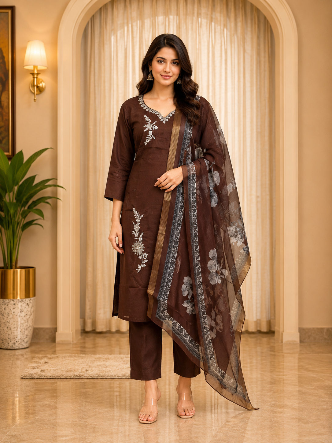 Dark Brown ROMAN SILK Embroidered Ethnic Suit Set with Printed Dupatta