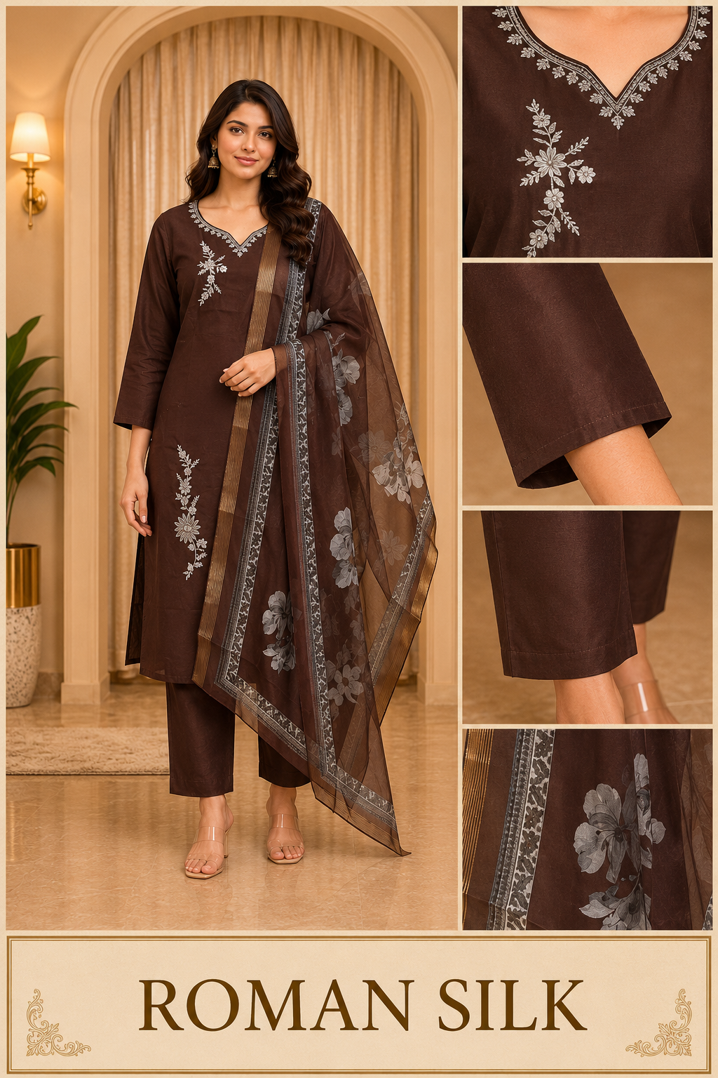 Dark Brown ROMAN SILK Embroidered Ethnic Suit Set with Printed Dupatta