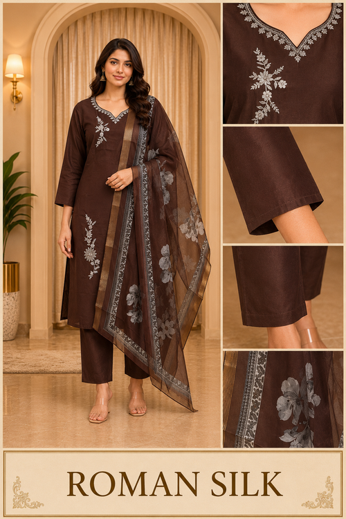 Dark Brown ROMAN SILK Embroidered Ethnic Suit Set with Printed Dupatta