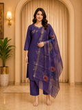 Purple ROMAN SILK 3-Piece Ethnic Suit Set with Embroidered Kurti &amp; Floral Dupatta