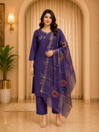 Purple ROMAN SILK 3-Piece Ethnic Suit Set with Embroidered Kurti &amp; Floral Dupatta