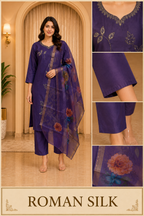 Purple ROMAN SILK 3-Piece Ethnic Suit Set with Embroidered Kurti &amp; Floral Dupatta