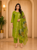 Lime Green ROMAN SILK Embroidered 3-Piece Ethnic Suit Set with Printed Dupatta