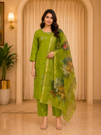 Lime Green ROMAN SILK Embroidered 3-Piece Ethnic Suit Set with Printed Dupatta