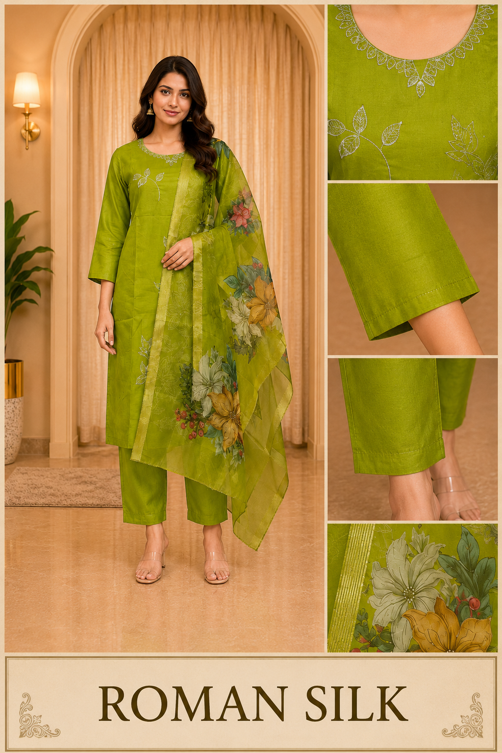 Lime Green ROMAN SILK Embroidered 3-Piece Ethnic Suit Set with Printed Dupatta