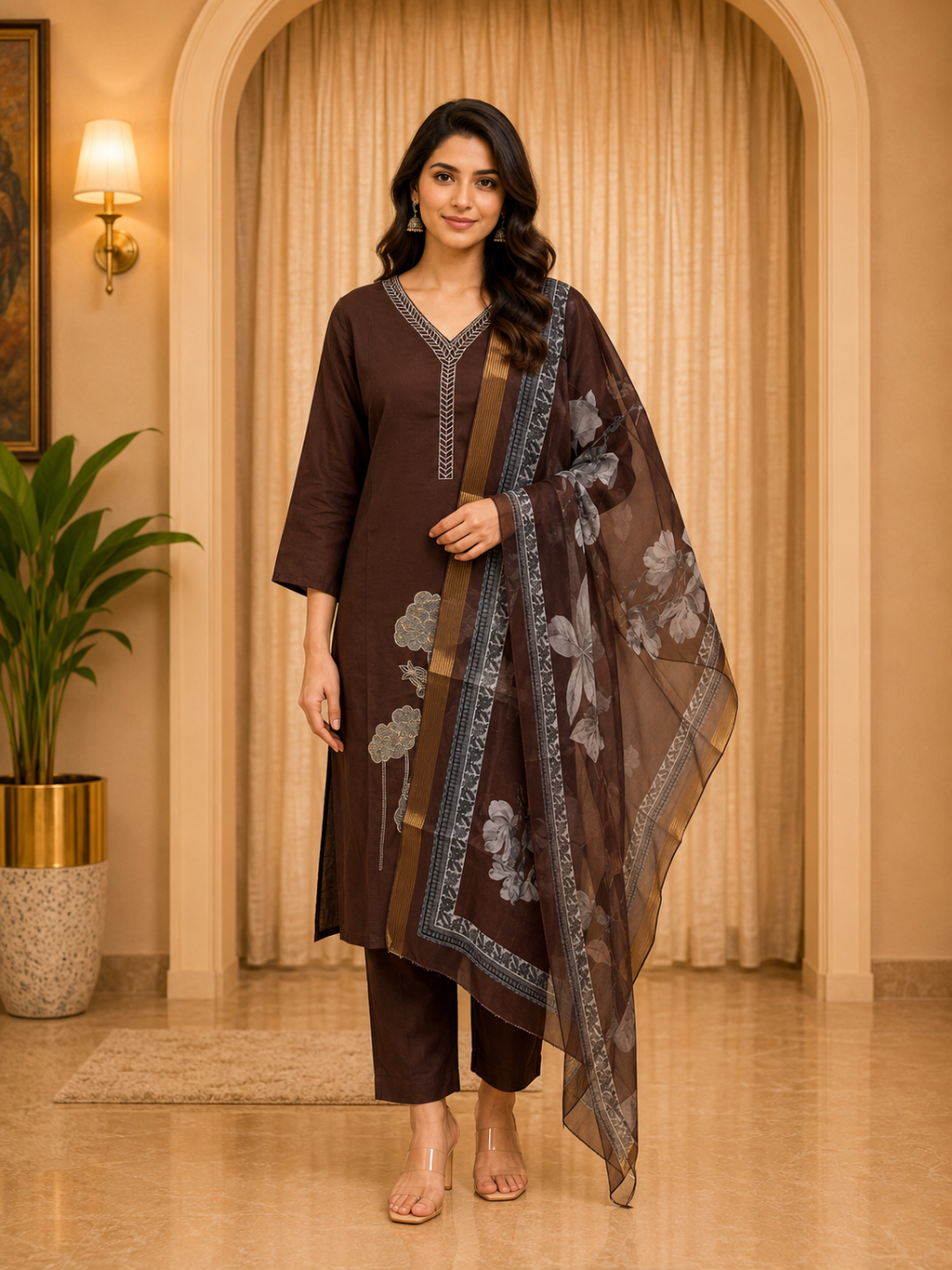 Brown ROMAN SILK Embroidered Straight Suit Set with Printed Dupatta