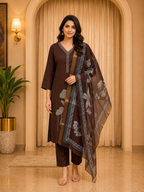 Brown ROMAN SILK Embroidered Straight Suit Set with Printed Dupatta