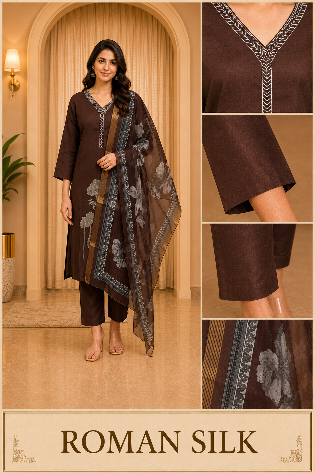Brown ROMAN SILK Embroidered Straight Suit Set with Printed Dupatta