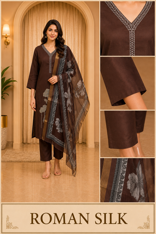 Brown ROMAN SILK Embroidered Straight Suit Set with Printed Dupatta