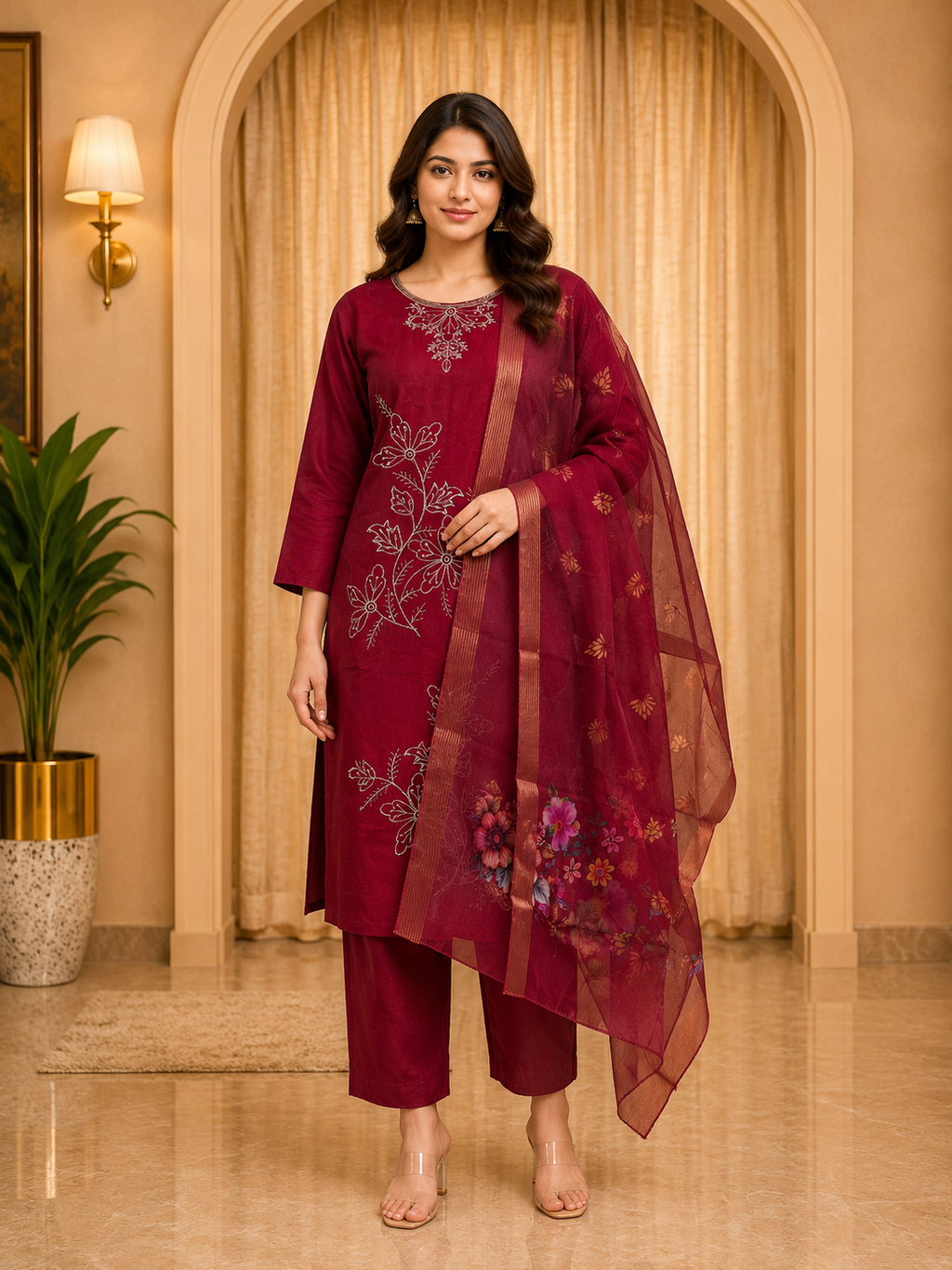 Maroon ROMAN SILK Embroidered Straight Kurti Set with Floral Printed Dupatta