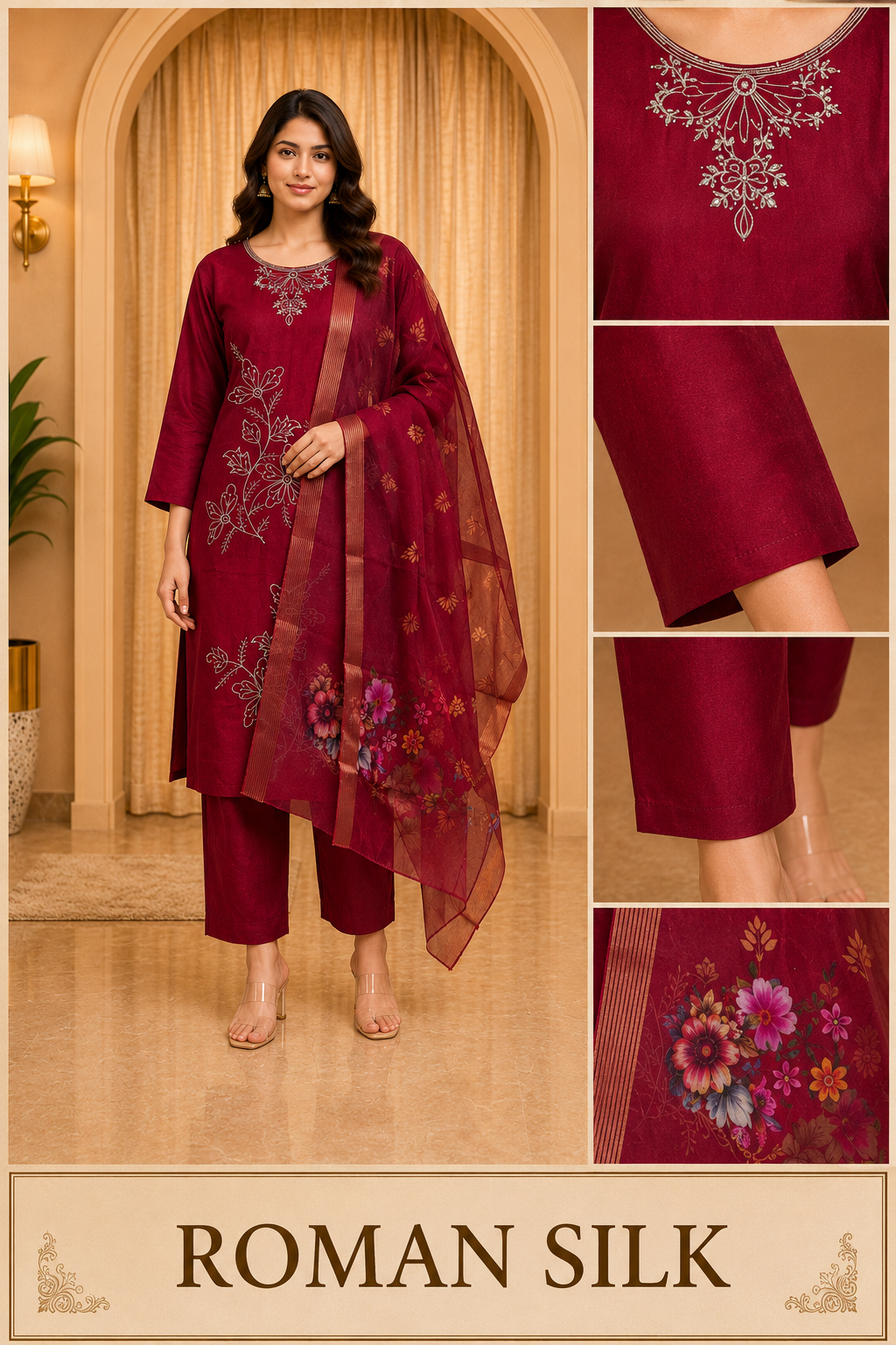 Maroon ROMAN SILK Embroidered Straight Kurti Set with Floral Printed Dupatta