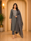Charcoal Grey ROMAN SILK Straight Kurti Pant Set with Embroidered Neckline &amp; Matching Dupatta