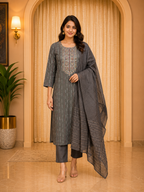 Charcoal Grey ROMAN SILK Straight Kurti Pant Set with Embroidered Neckline &amp; Matching Dupatta