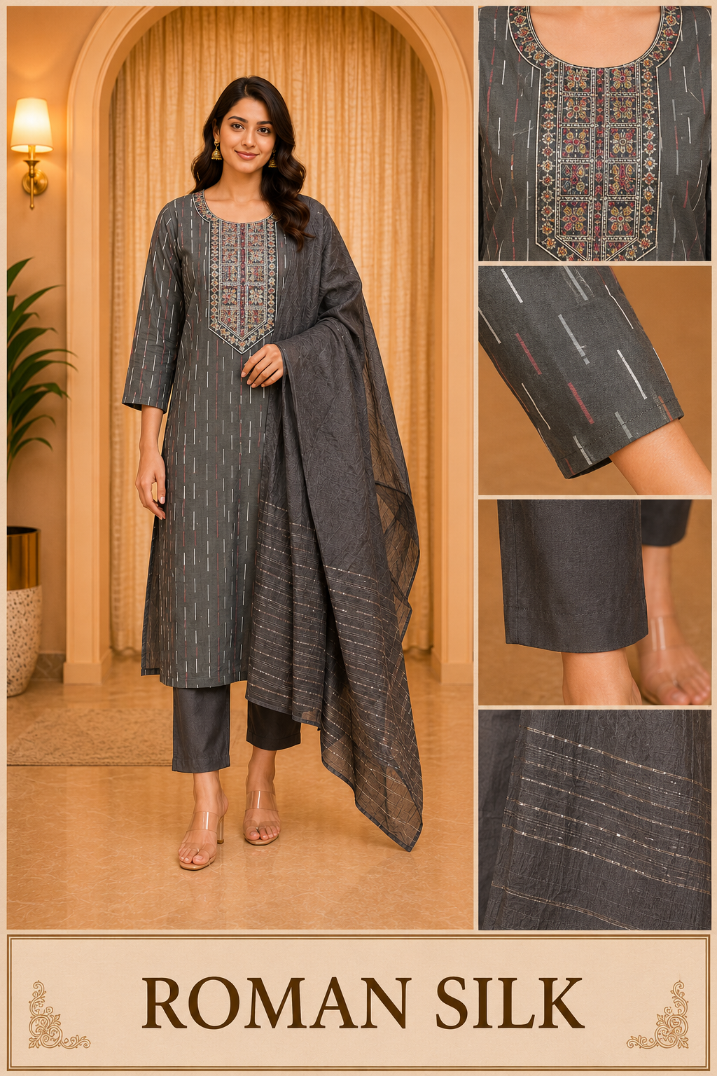 Charcoal Grey ROMAN SILK Straight Kurti Pant Set with Embroidered Neckline &amp; Matching Dupatta
