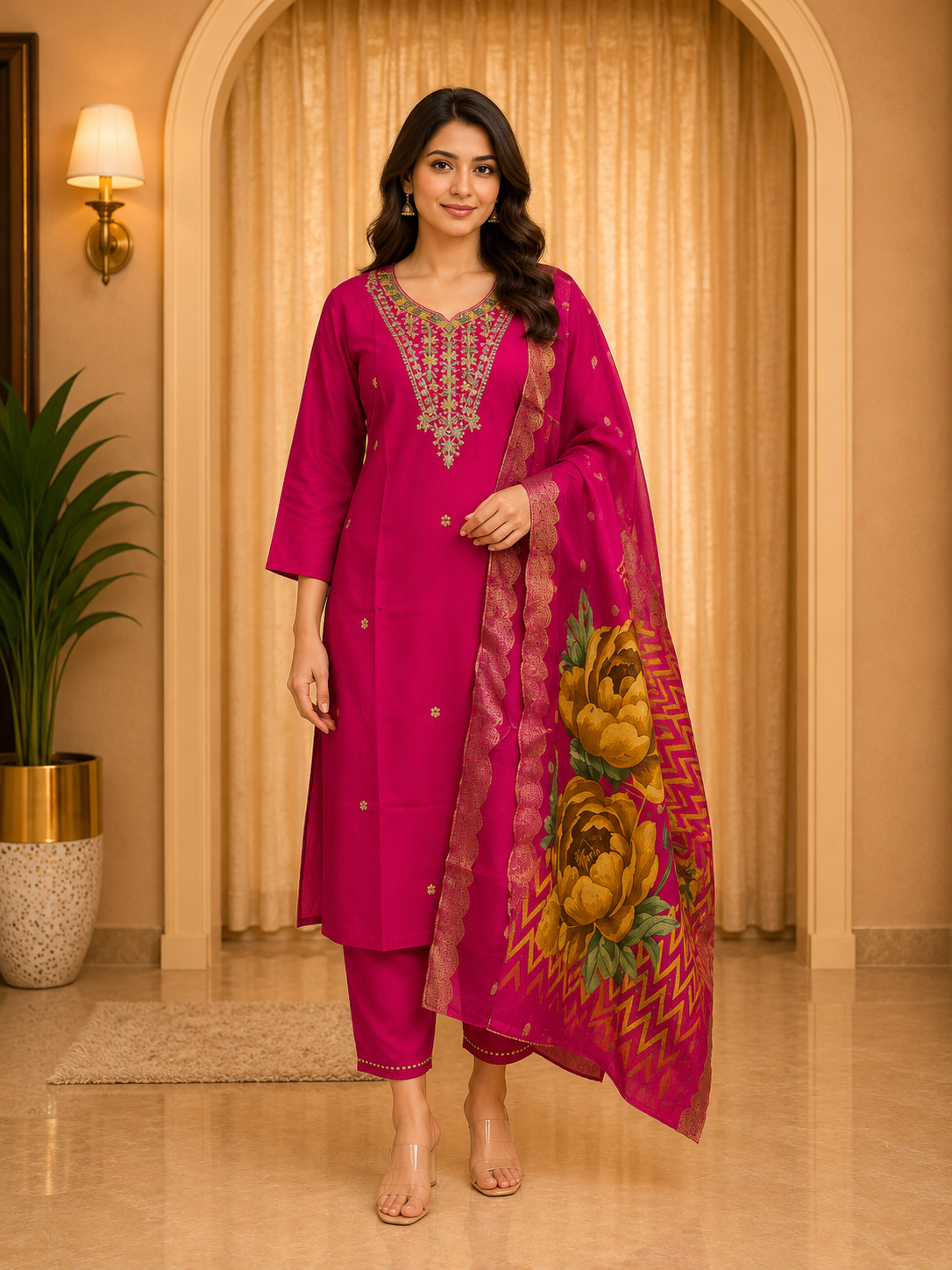 Premium Fuchsia Pink ROMAN SILK Embroidered 3-Piece Ethnic Suit Set with Printed Dupatta