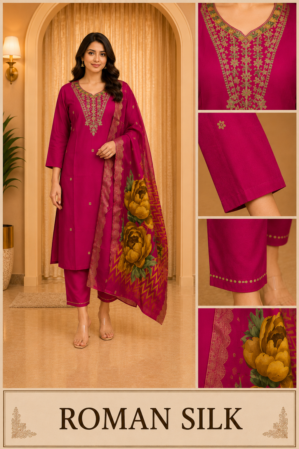Premium Fuchsia Pink ROMAN SILK Embroidered 3-Piece Ethnic Suit Set with Printed Dupatta