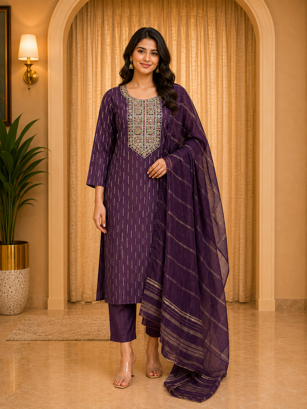 Purple ROMAN SILK Embroidered Straight Kurti Set with Pant &amp; Dupatta