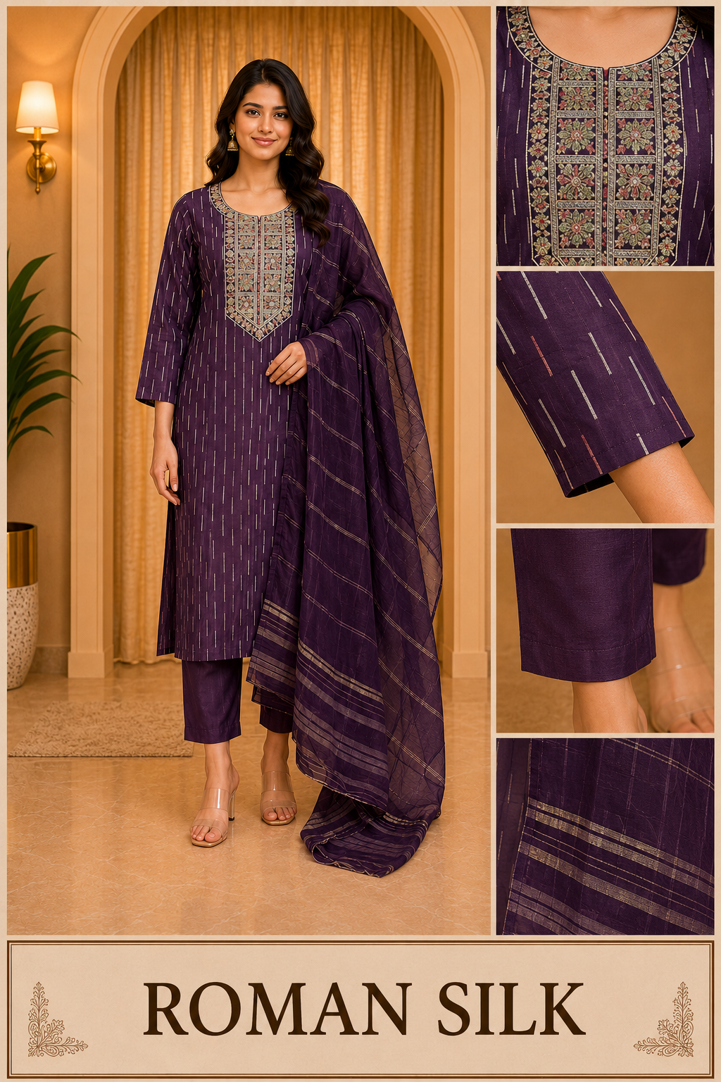 Purple ROMAN SILK Embroidered Straight Kurti Set with Pant &amp; Dupatta