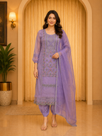 Lavender ROMAN SILK Embroidered Straight Kurti Set with Pant &amp; Dupatta