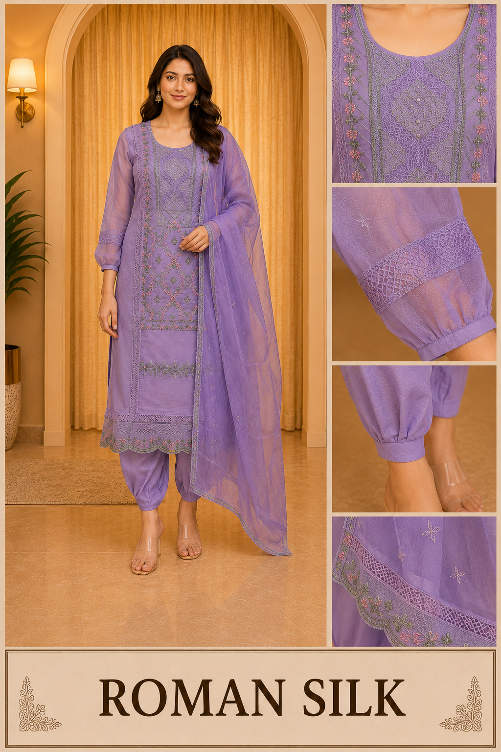 Lavender ROMAN SILK Embroidered Straight Kurti Set with Pant &amp; Dupatta