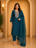 Teal Blue ROMAN SILK Embroidered Straight Kurti Set with Pant &amp; Dupatta