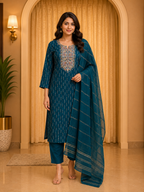 Teal Blue ROMAN SILK Embroidered Straight Kurti Set with Pant &amp; Dupatta